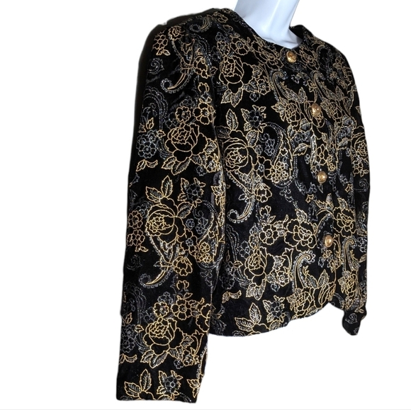 Joanna Vintage Black Gold Velvet Brocade Jacket Embroidered Metallic Floral Crop - Picture 4 of 16